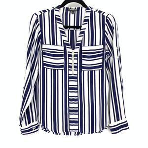 Express Popiver Blouse Womens XS Blue White Striped Print Long Sleeve Zip Front